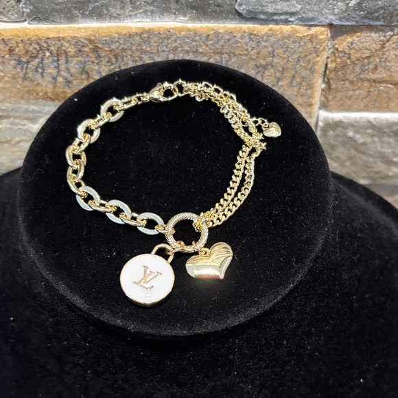 Jewelry - Gold Chain Bracelet with White LV skittle & Heart Charm